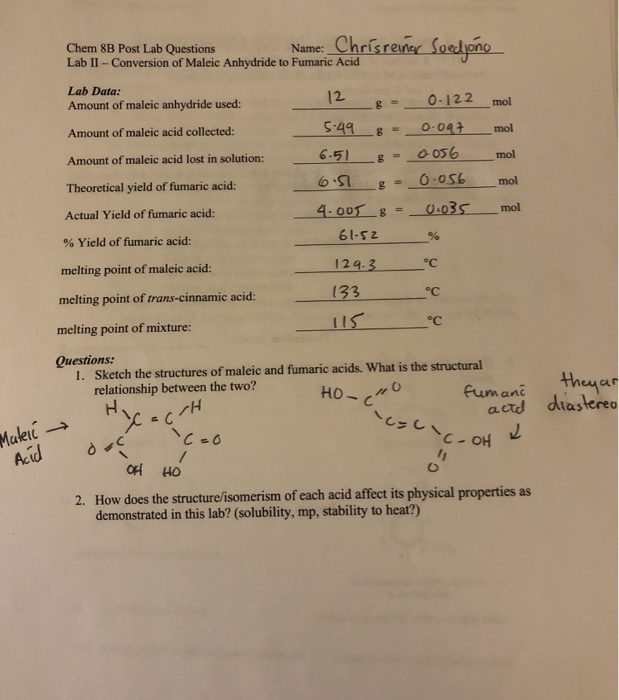 Solved Chem 8B Post Lab Questions Chrisreney Lab | Chegg.com