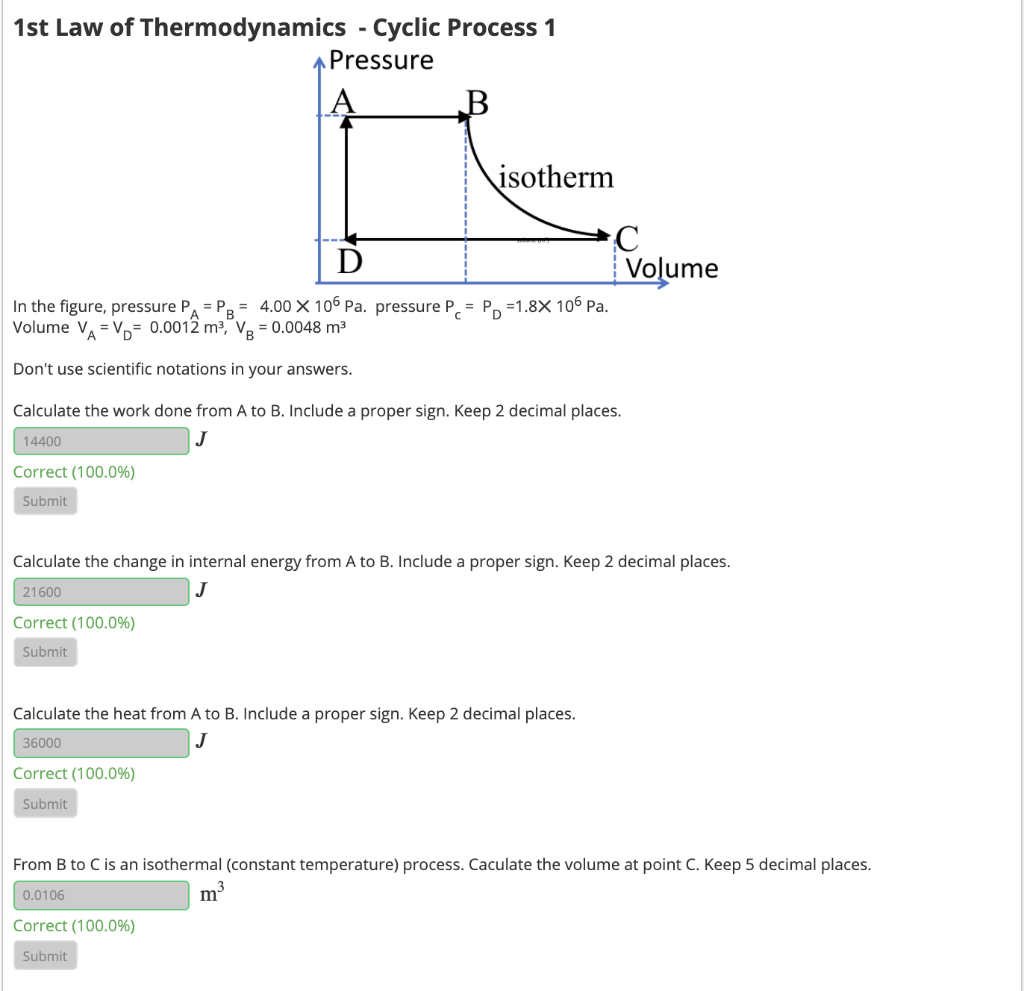Solved 1st Law of Thermodynamics - Cyclic Process 1 Pressure | Chegg.com