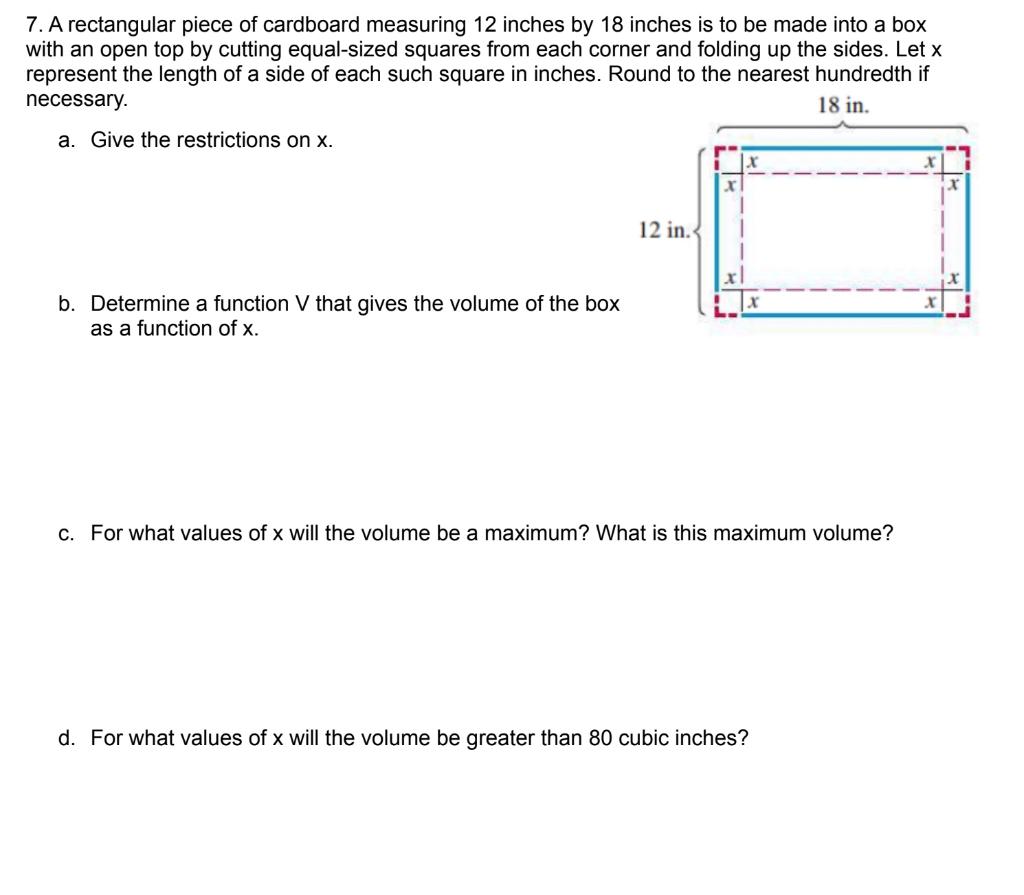 Solved 7. A rectangular piece of cardboard measuring 12