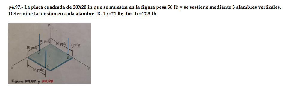 p4.97.- La placa cuadrada de \( 20 X 20 \) in que se muestra en la figura pesa \( 56 \mathrm{lb} \) y se sostiene mediante 3