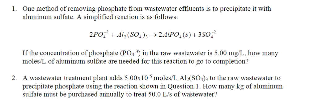 One method of removing phosphate from wastewater | Chegg.com