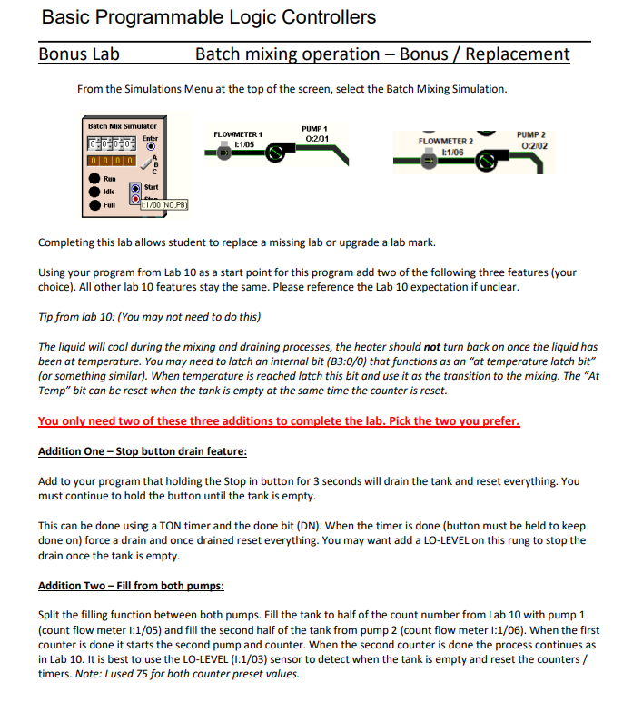 Solved Basic Programmable Logic Controllers Bonus Lab Batch | Chegg.com