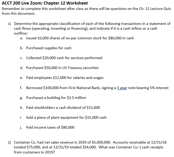 Solved Acct 200 Live Zoom Chapter 12 Worksheet Remember Chegg Com