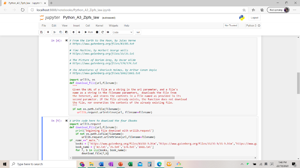 Python A3_Zipfs_law - Jupyter X + E Not syncing o | Chegg.com