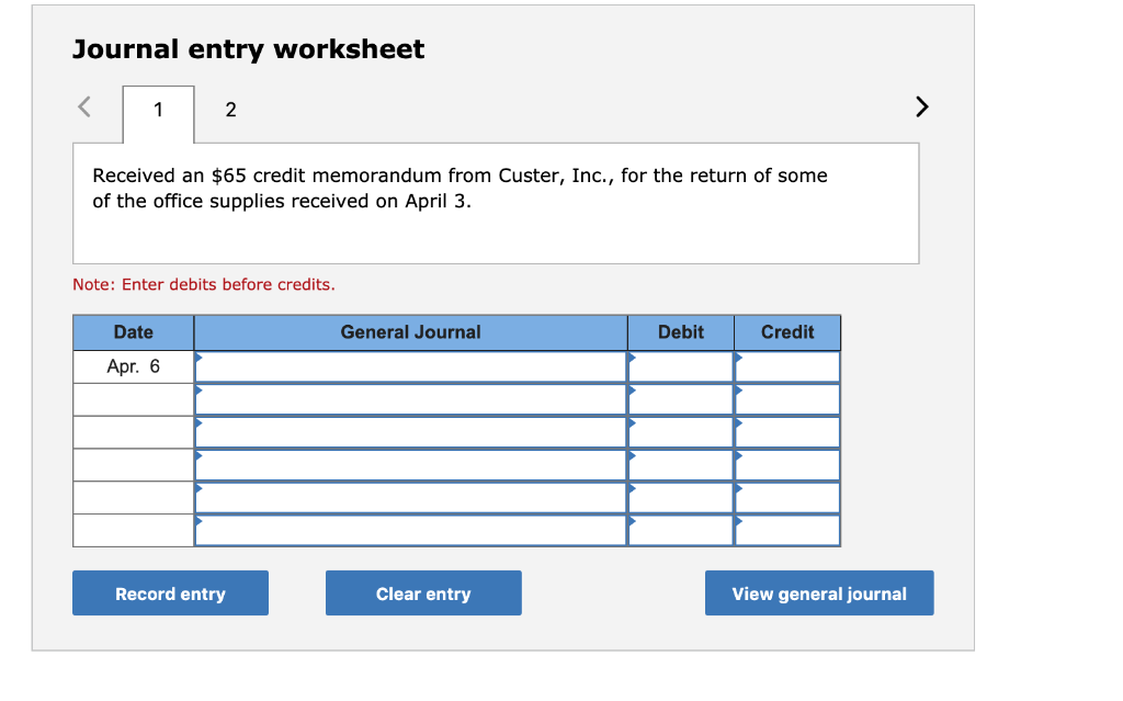 Journal entry worksheet 2 Received an $65 credit  Chegg.com