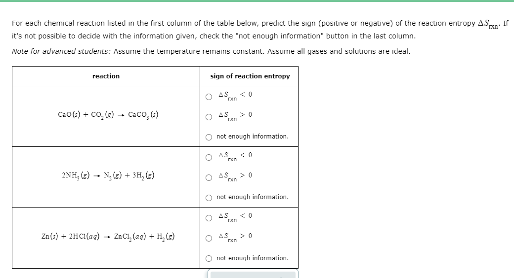 Solved For each chemical reaction listed in the first column | Chegg.com