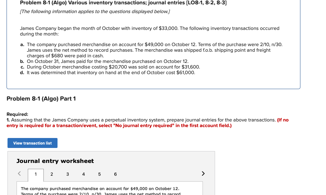 Solved Problem 8-1 (Algo) Various Inventory Transactions; | Chegg.com