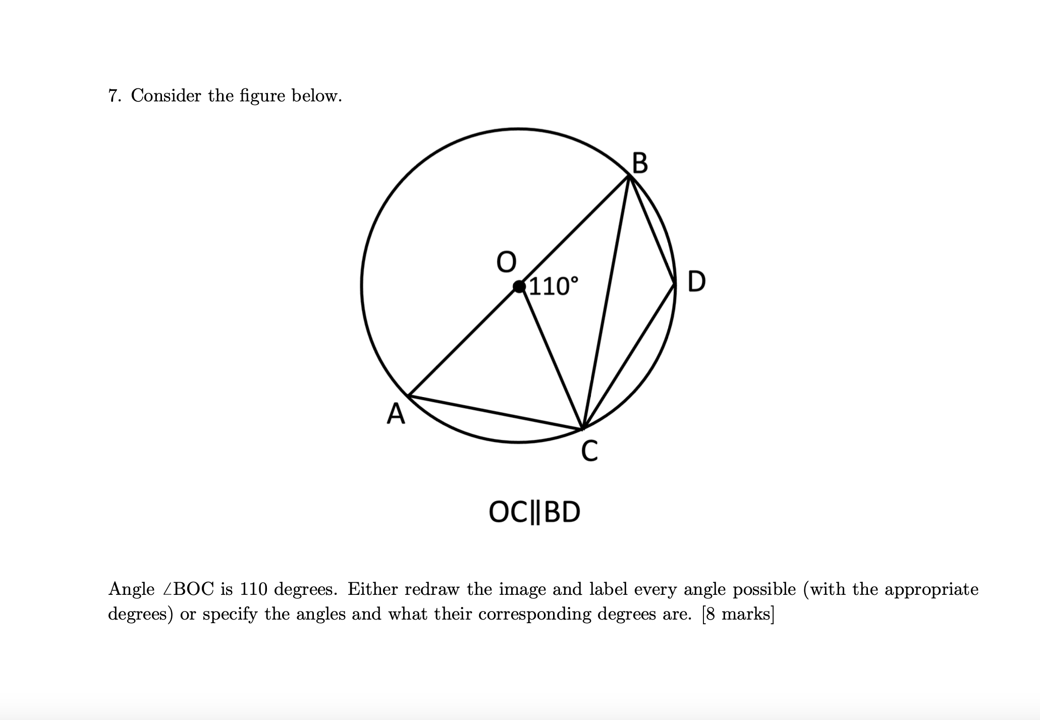 Solved 7. Consider the figure below. OC∥BD Angle ∠BOC is 110 | Chegg.com