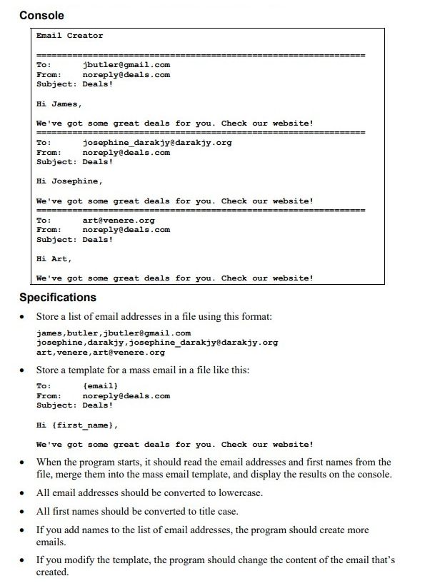 Solved Console Specifications - Store a list of email | Chegg.com
