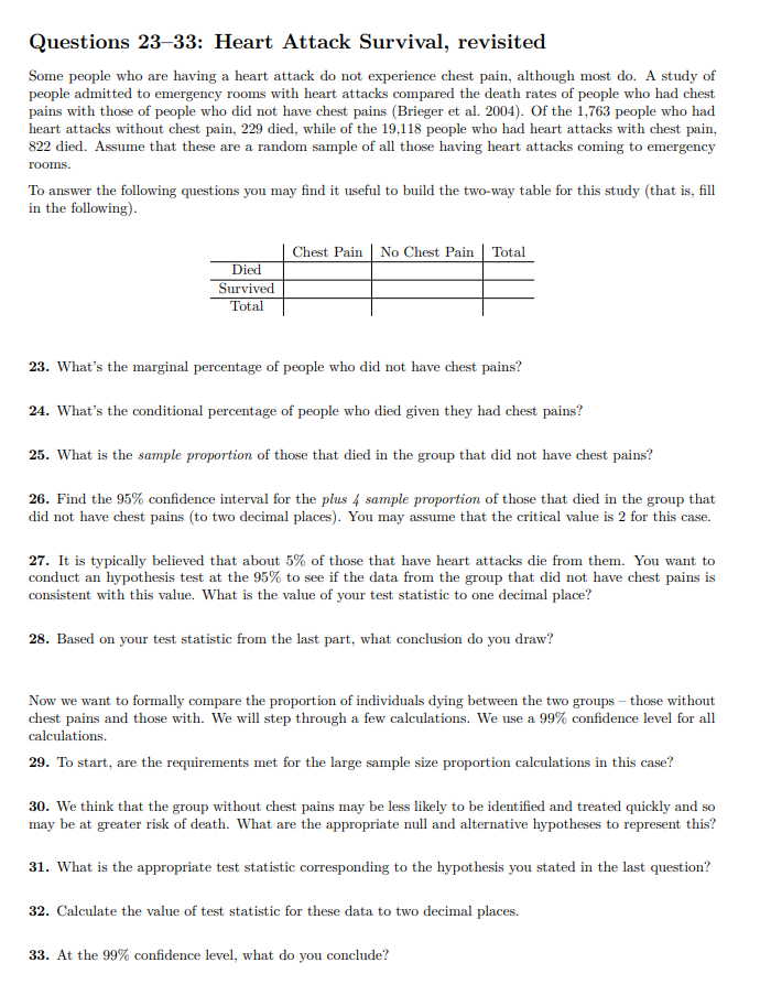 Survival Rates Questionnaire.pdf Questions 23–33: Heart Attack Survival, revisited | Chegg.com