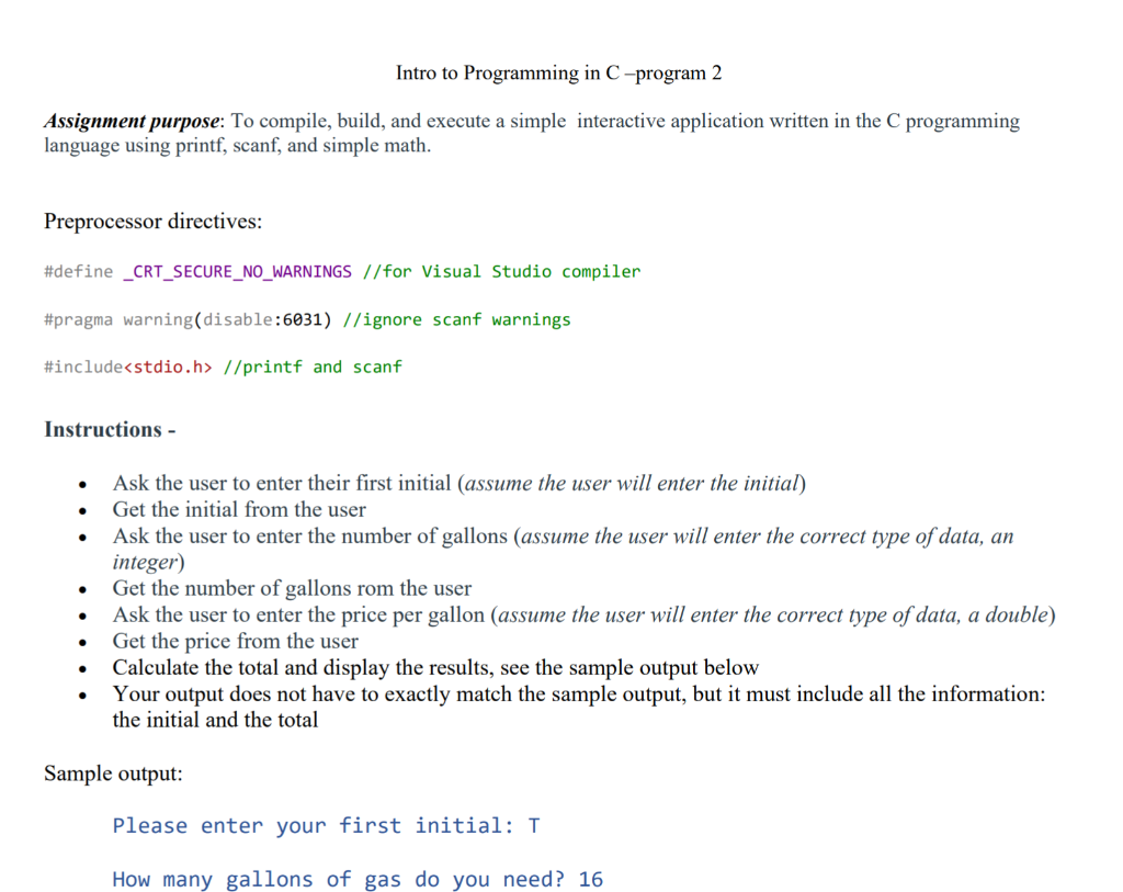 Solved Intro to Programming in C-program 2 Assignment | Chegg.com
