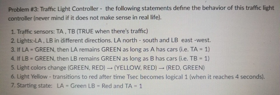 Solved Problem #3: Traffic Light Controller- the following | Chegg.com