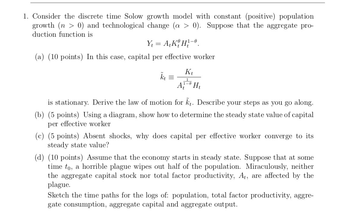 1. Consider the discrete time Solow growth model with | Chegg.com