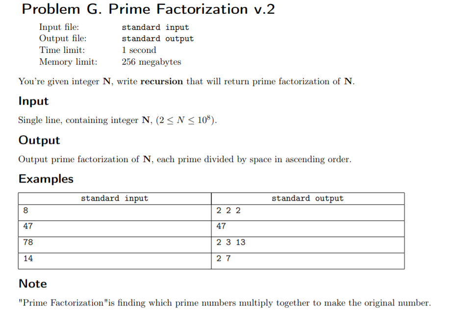 Solved Problem G. Prime Factorization v.2 Input file: | Chegg.com