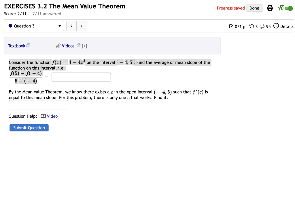 Solved EXERCISES 3.2 The Mean Value Theorem Score: 2/11 2/11 | Chegg.com