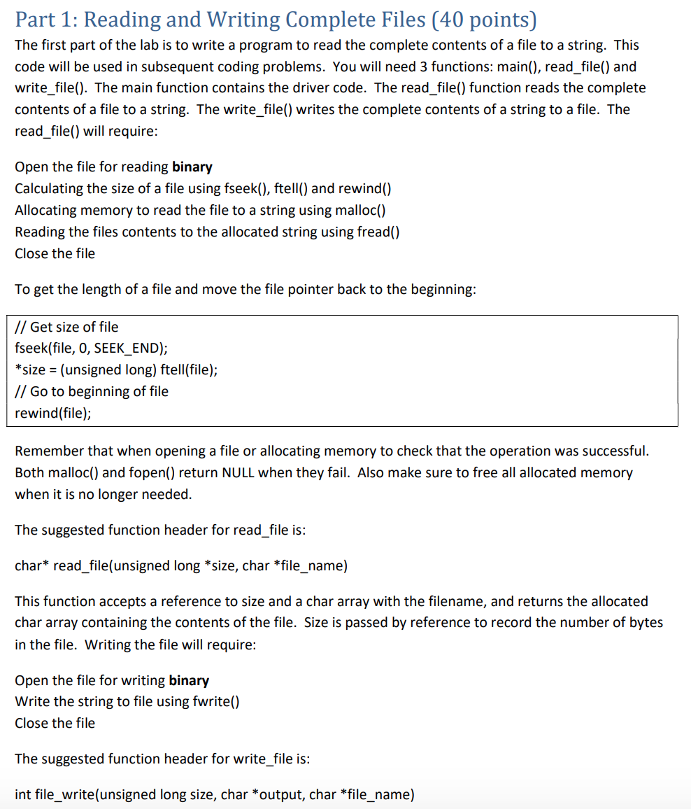 Part 1: Reading and Writing Complete Files (40 | Chegg.com