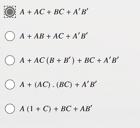 A+AC+BC+A′B′A+AB+AC+A′B′A+AC(B+B′)+BC+A′B′A+(AC)⋅(BC) | Chegg.com