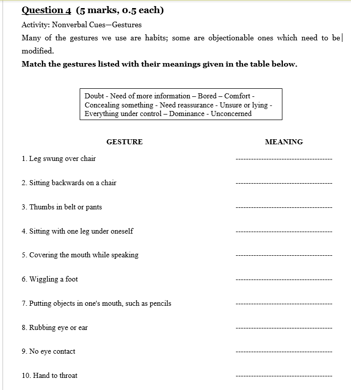 Solved Question 4 (5 marks, 0.5 each) Activity: Nonverbal | Chegg.com