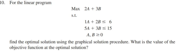 Solved 10. For the linear program Max 2A + 3B s.t. 1A + 2B S | Chegg.com