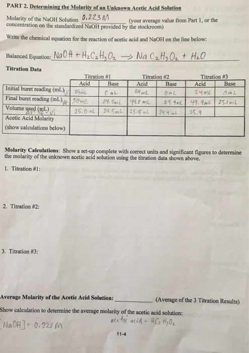 Solved PART 2. Determining the Molarity of an Unknown Acetic | Chegg.com