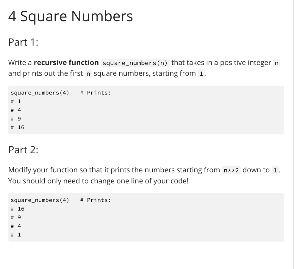 Solved 4 Square Numbers Part 1: Write a recursive function | Chegg.com