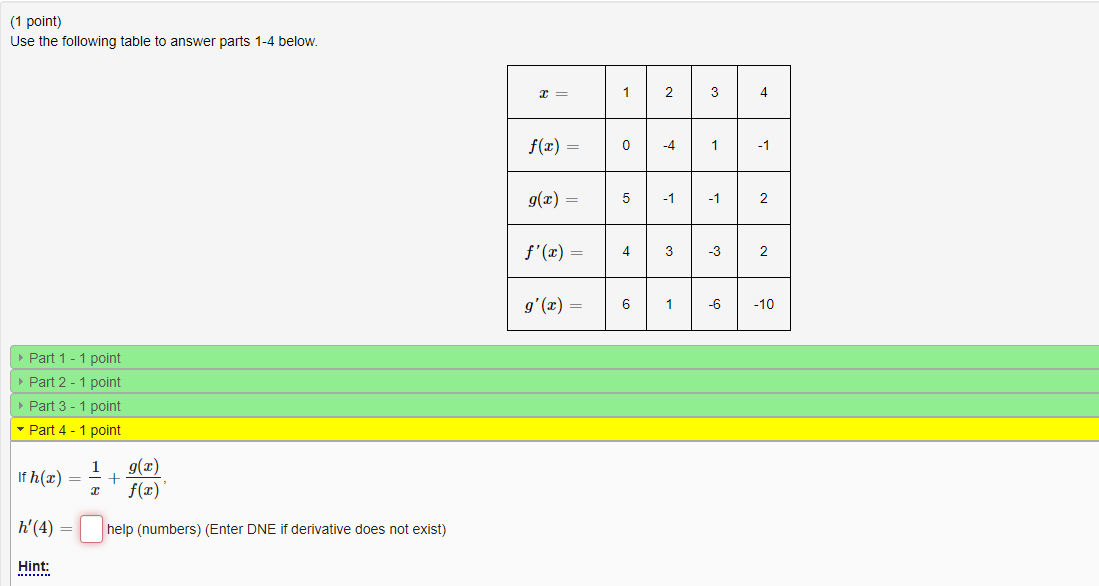 Solved (1 point) Use the following table to answer parts 1-4 | Chegg.com