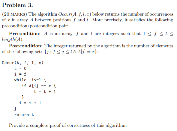 Solved Problem 3. (20 MARKS) The algorithm Occur (A, f, 1, | Chegg.com