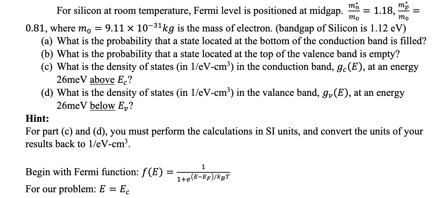 Solved тn 1.18, тъ For Silicon At Room Temperature, Fermi | Chegg.com