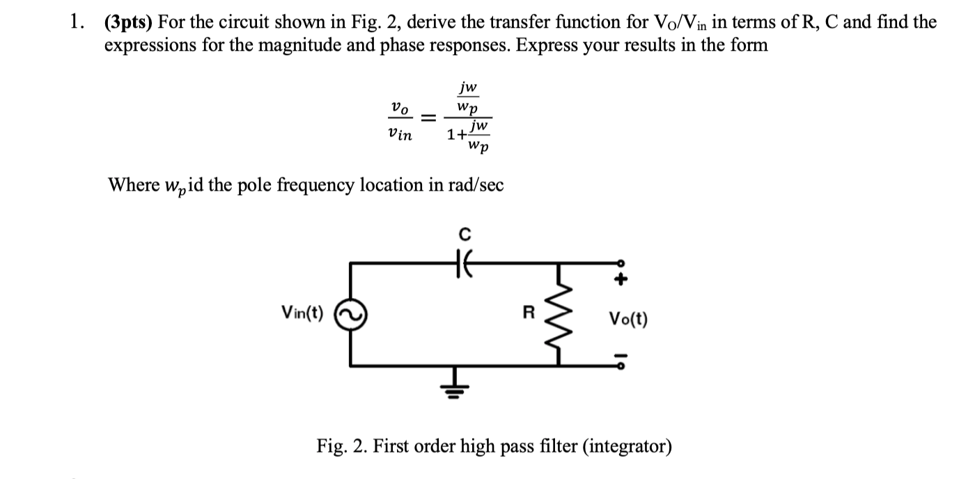Solved (3pts) For the circuit shown in Fig. 2, derive the | Chegg.com
