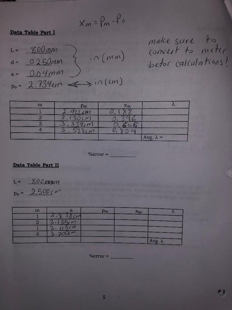 Solved Xm Pm Po Data Table Part I L 800mm 0 250mm 0 04 Mm Chegg Com