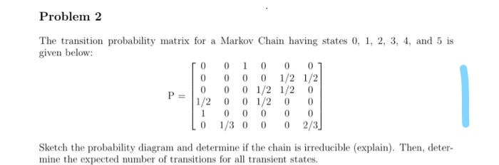 Solved 0 Problem 2 The transition probability matrix for a | Chegg.com