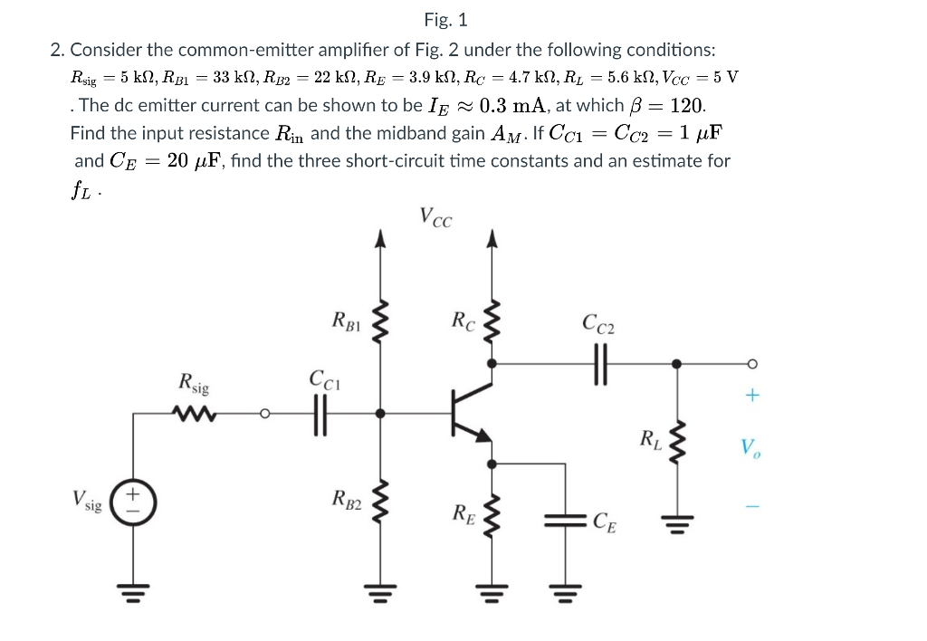 Solved Fig. 1 2. Consider The Common-emitter Amplifier Of | Chegg.com