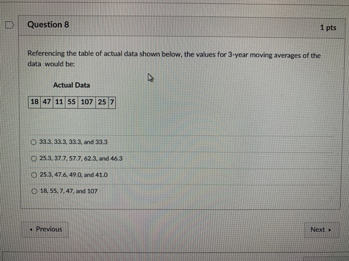 Solved DQuestion 8 1 pts Referencing the table of actual | Chegg.com