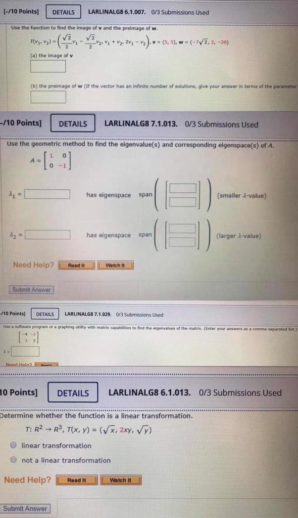 Solved [-/10 Points] DETAILS LARLINALG8 6.1.007. 0/3 | Chegg.com