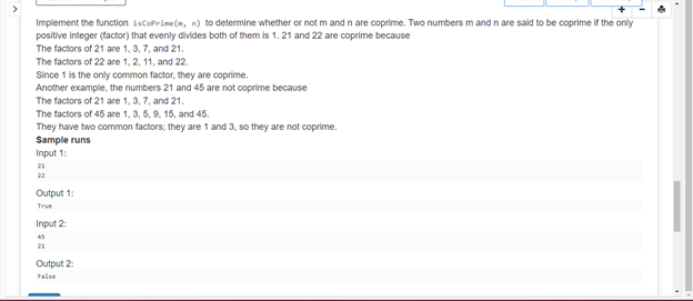 Solved Implement the function isCoprime(s, n) to determine | Chegg.com