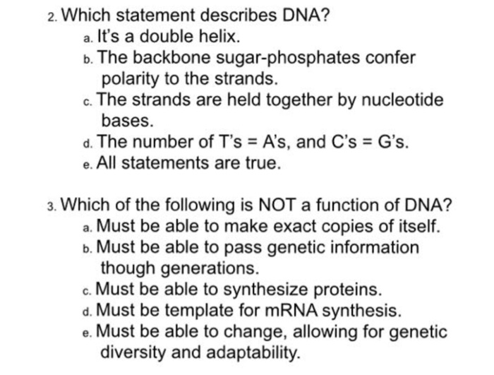 Solved Which statement describes DNA? a. It's a double | Chegg.com