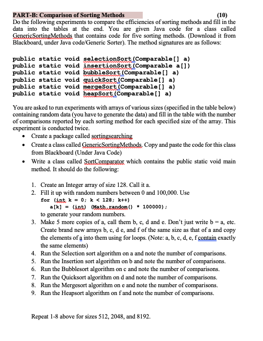 PART-B: Comparison of Sorting Methods Do the | Chegg.com
