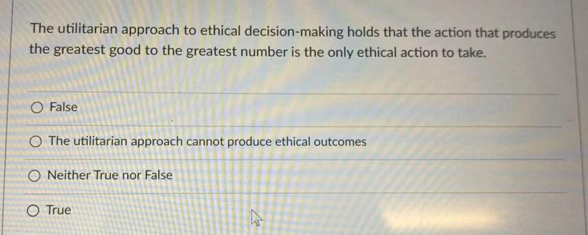 Solved The utilitarian approach to ethical decision-making | Chegg.com