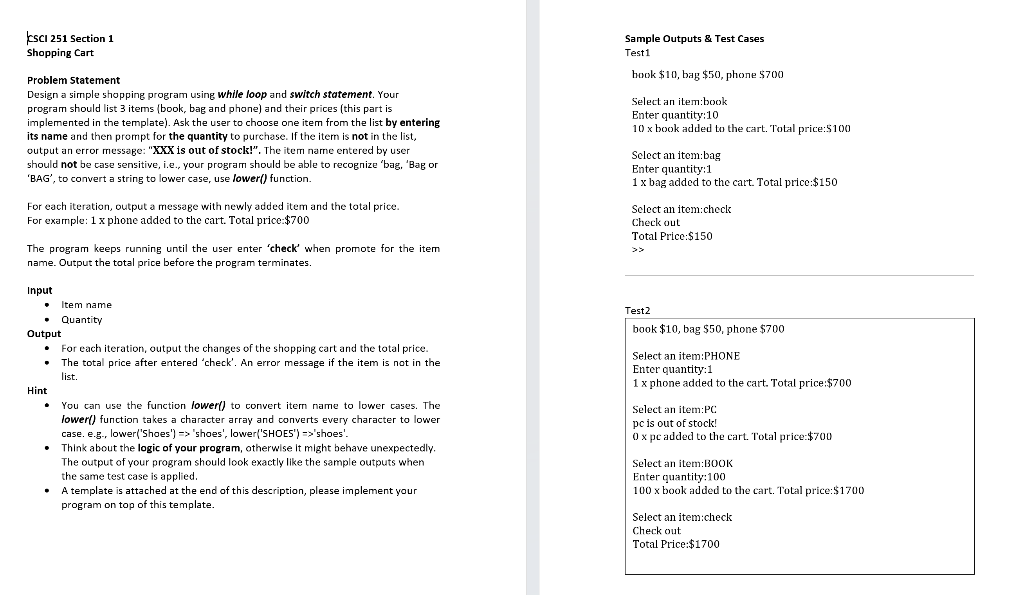 Solved KSCI 251 Section 1 Shopping Cart Problem statement