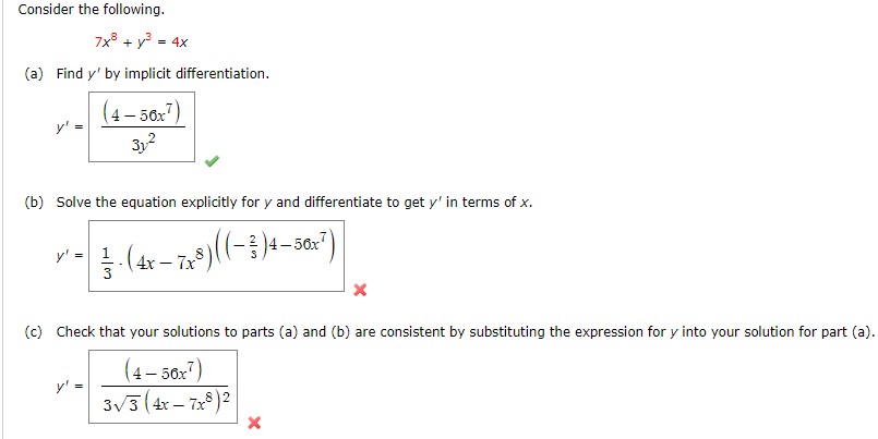 Solved Consider the following. 7x8+y3=4x (a) Find y′ by | Chegg.com