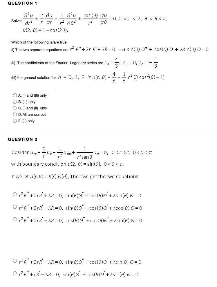 Solved QUESTION 1 ∂r2∂2u+r2∂r∂u+r21∂θ2∂2u+r2cot(θ)∂θ∂u=0,0 | Chegg.com