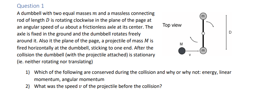 Solved Question 1 A Dumbbell With Two Equal Masses M And A Chegg Com