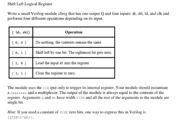 Solved Shift Left Logical Register Write A Small Verilog Chegg Com