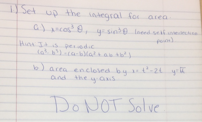 Solved Set up the integral for area. a.) x = cos^3 theta, y | Chegg.com