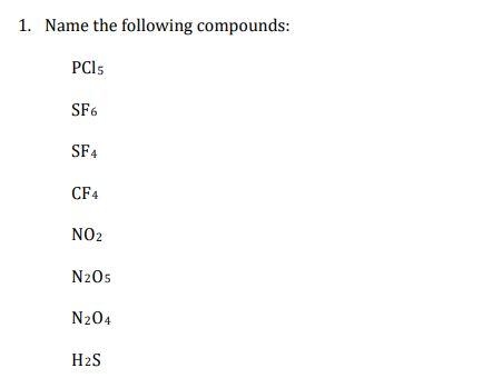 Solved 1. Name the following compounds: PCIs SF6 SF4 CF4 NO2 | Chegg.com