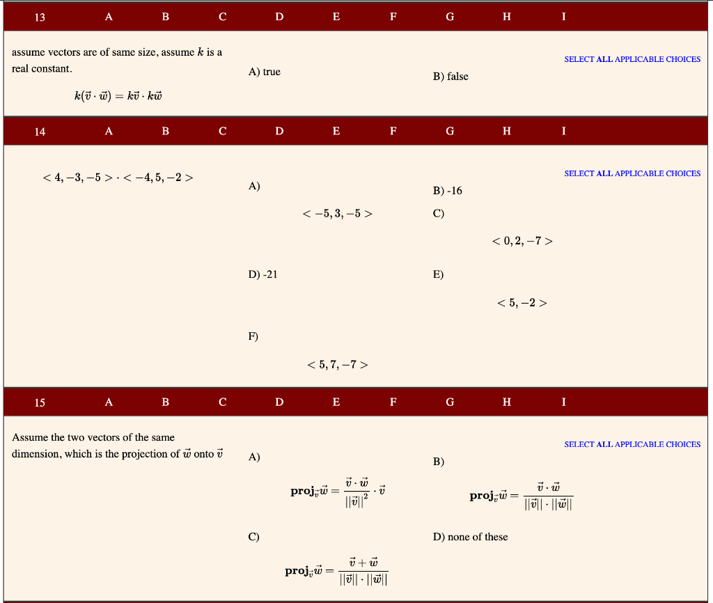Solved 13 A B с D E F G H I assume vectors are of same size, | Chegg.com