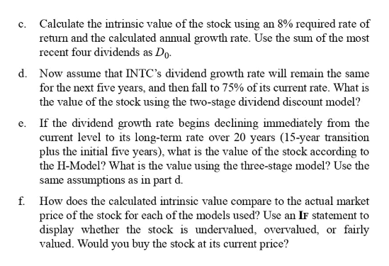 c. Calculate the intrinsic value of the stock using | Chegg.com