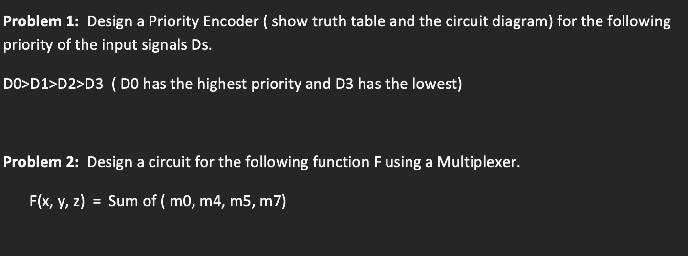 Solved Problem 1: Design a Priority Encoder ( show truth | Chegg.com