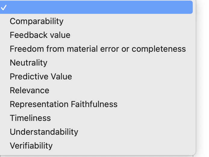 Comparability
Feedback value
Freedom from material error or completeness
Neutrality
Predictive Value
Relevance
Representation