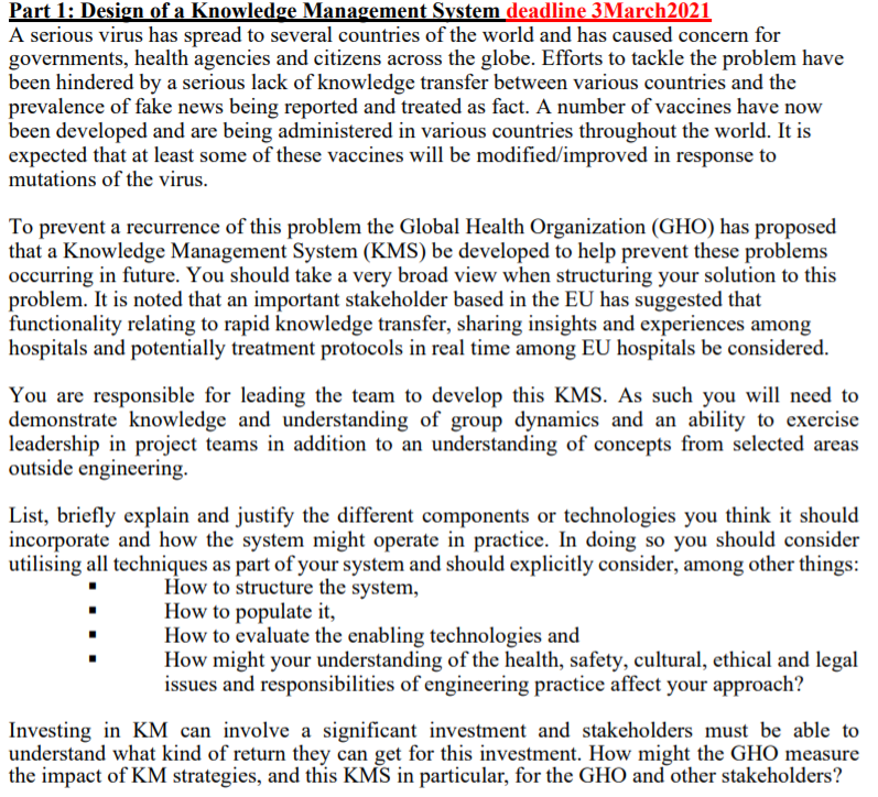 Part 1 Design Of A Knowledge Management System Chegg Com